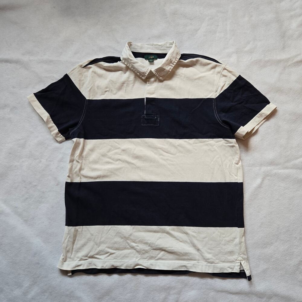 J. Crew Rugby Polo Shirt, Short Sleeves, Large, 100% Cotton, Navy Blue and White